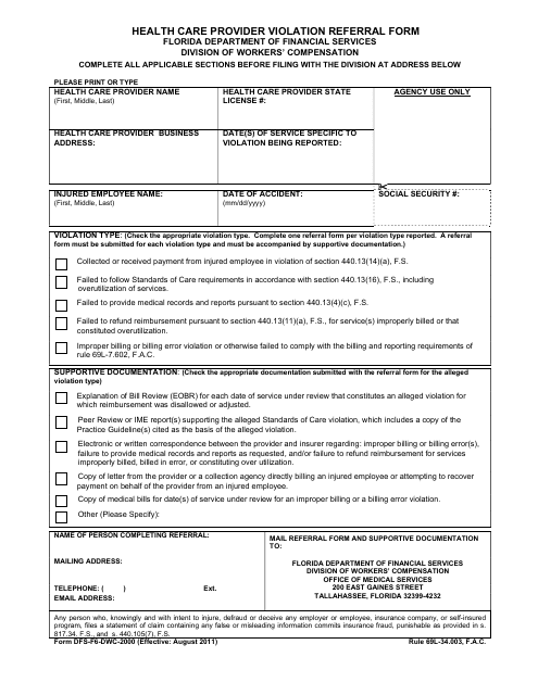 Form DFS-F6-DWC-2000 Health Care Provider Violation Referral Form - Florida