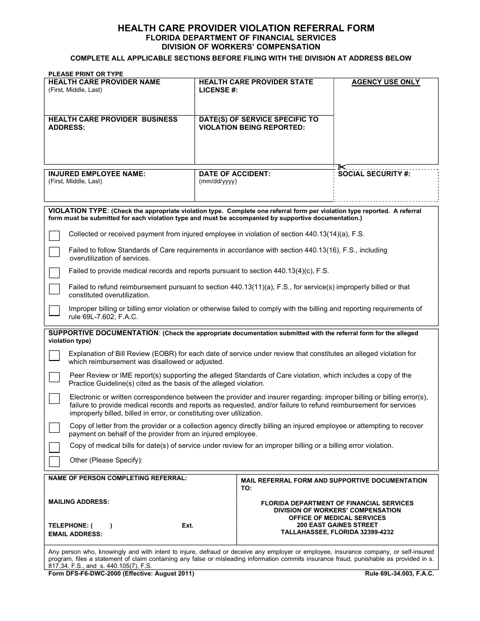 Form DFS-F6-DWC-2000 Health Care Provider Violation Referral Form - Florida, Page 1