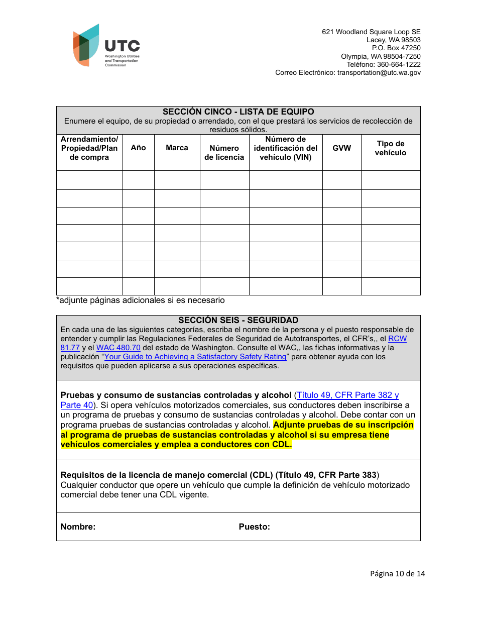 Solicitud De Certificado Como Empresa De Recoleccion De Residuos Solidos - Washington (Spanish), Page 10