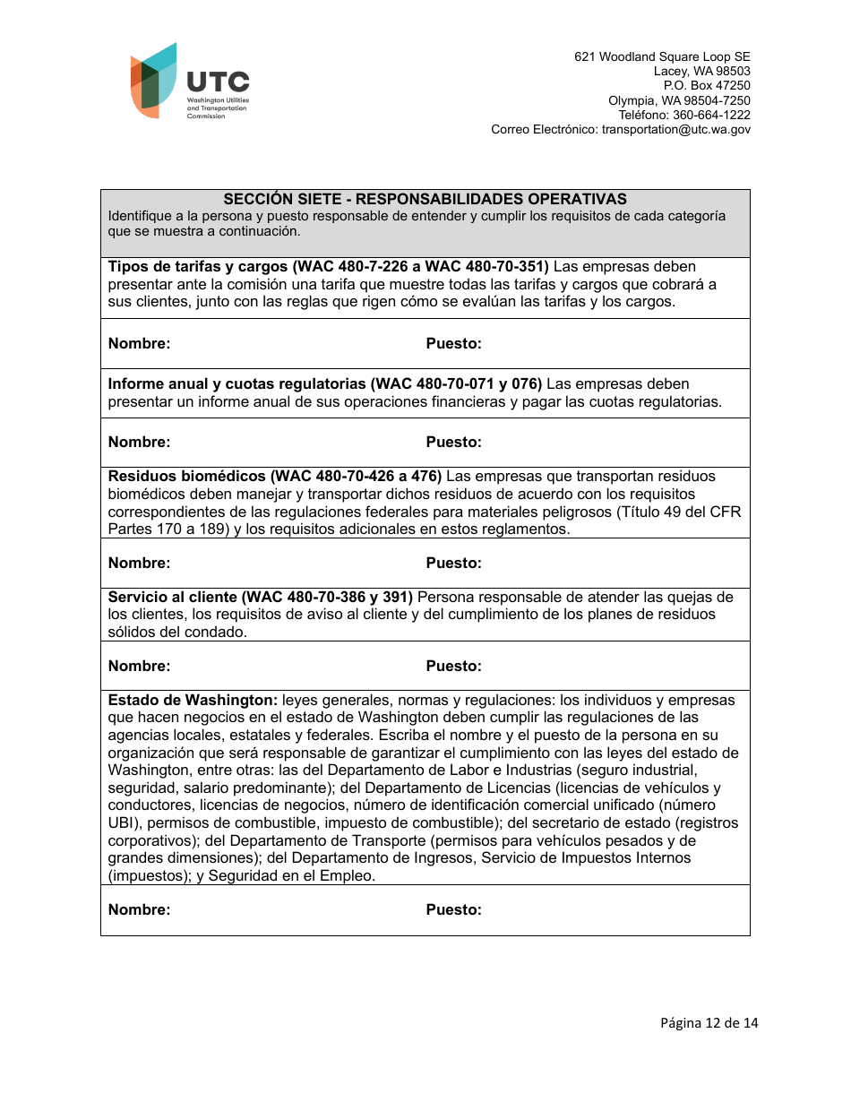 Solicitud De Certificado Como Empresa De Recoleccion De Residuos Solidos - Washington (Spanish), Page 12