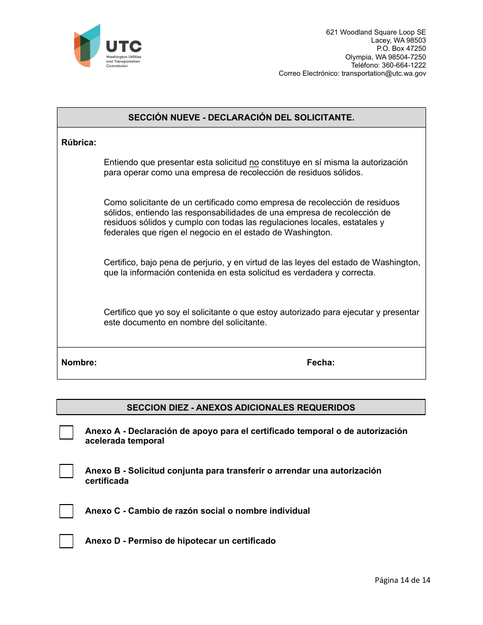 Solicitud De Certificado Como Empresa De Recoleccion De Residuos Solidos - Washington (Spanish), Page 14