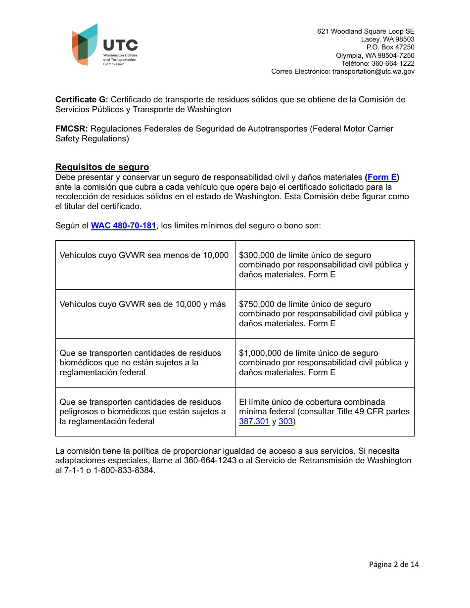 Solicitud De Certificado Como Empresa De Recoleccion De Residuos Solidos - Washington (Spanish), Page 2