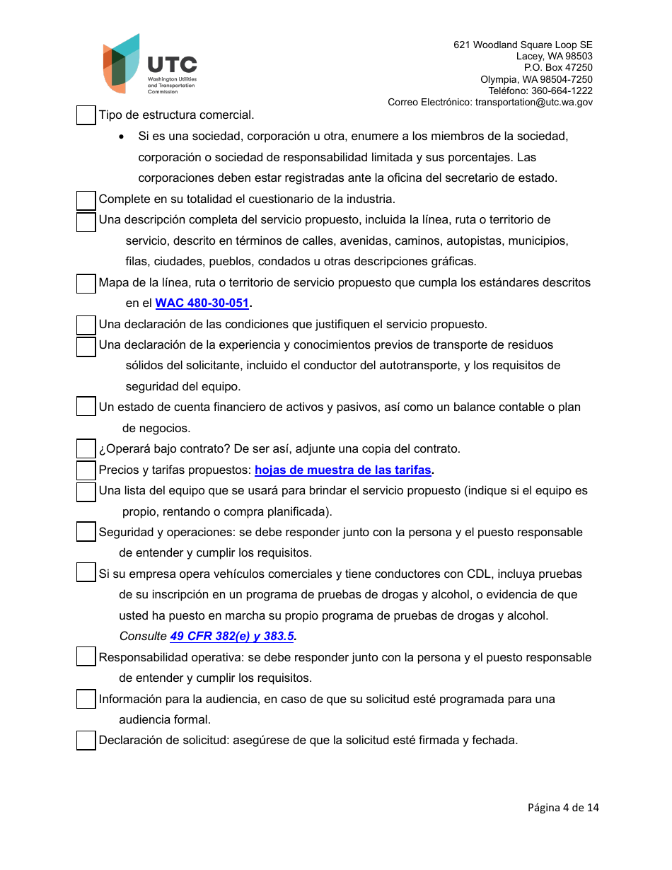 Solicitud De Certificado Como Empresa De Recoleccion De Residuos Solidos - Washington (Spanish), Page 4