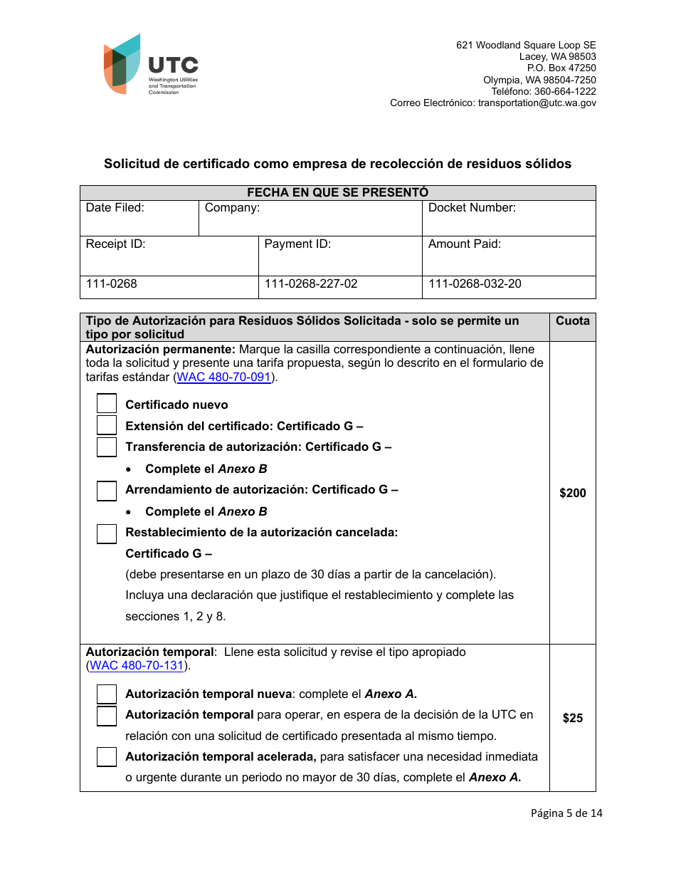 Solicitud De Certificado Como Empresa De Recoleccion De Residuos Solidos - Washington (Spanish), Page 5