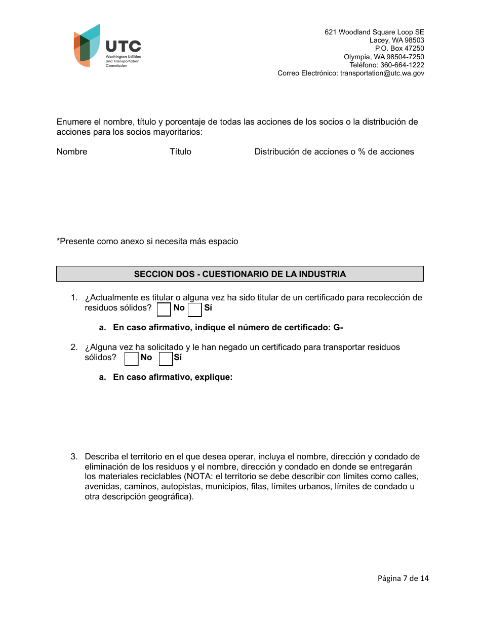 Solicitud De Certificado Como Empresa De Recoleccion De Residuos Solidos - Washington (Spanish), Page 7