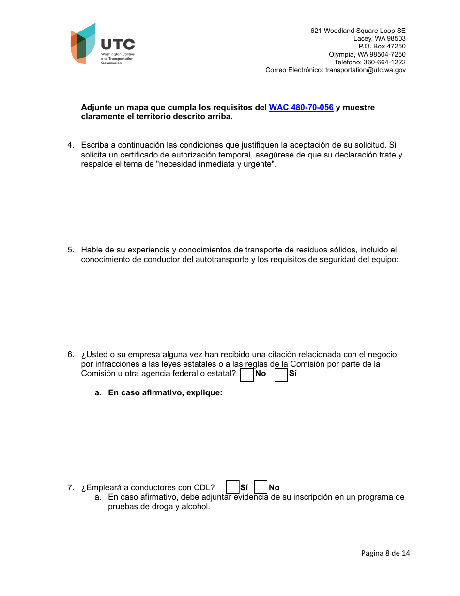 Solicitud De Certificado Como Empresa De Recoleccion De Residuos Solidos - Washington (Spanish), Page 8