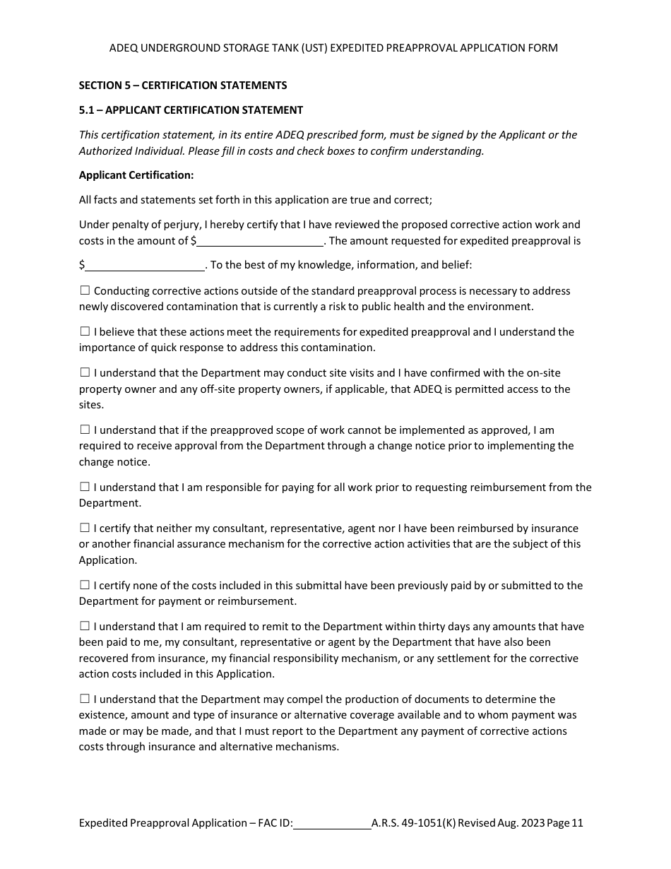 Ust Program Expedited Preapproval Application Under Arizona Revised Statutes (A.r.s.) 49-1051(K) - Arizona, Page 10