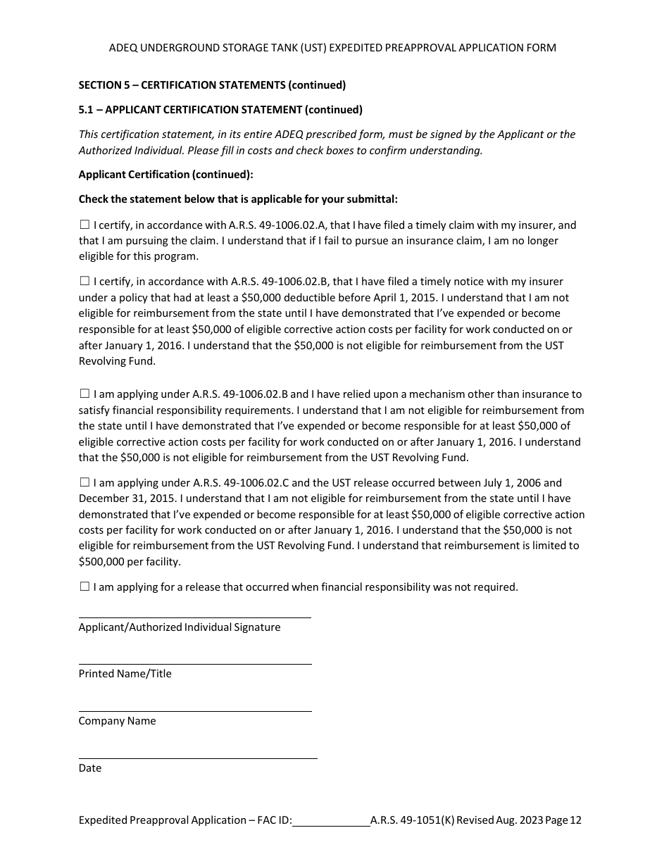 Ust Program Expedited Preapproval Application Under Arizona Revised Statutes (A.r.s.) 49-1051(K) - Arizona, Page 11