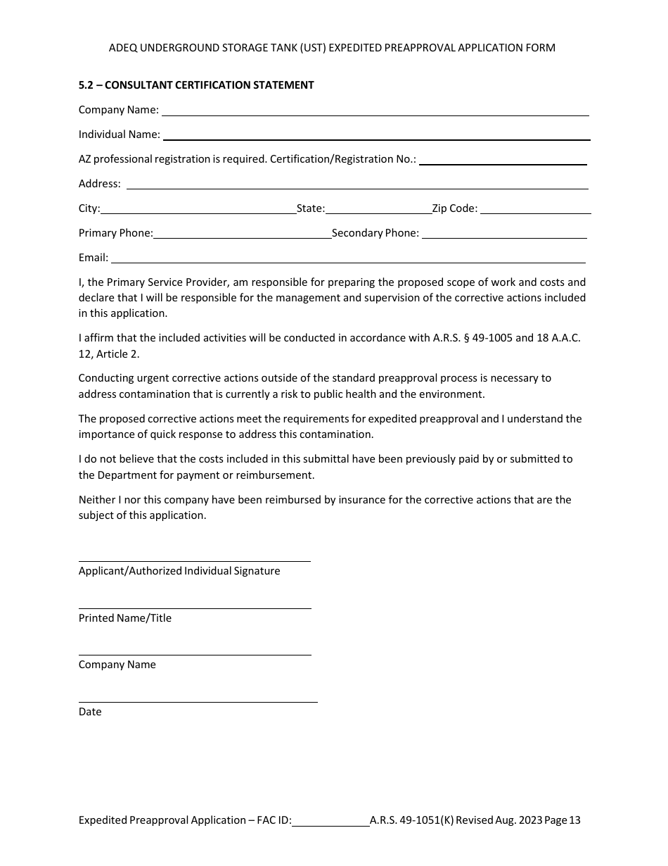 Ust Program Expedited Preapproval Application Under Arizona Revised Statutes (A.r.s.) 49-1051(K) - Arizona, Page 12