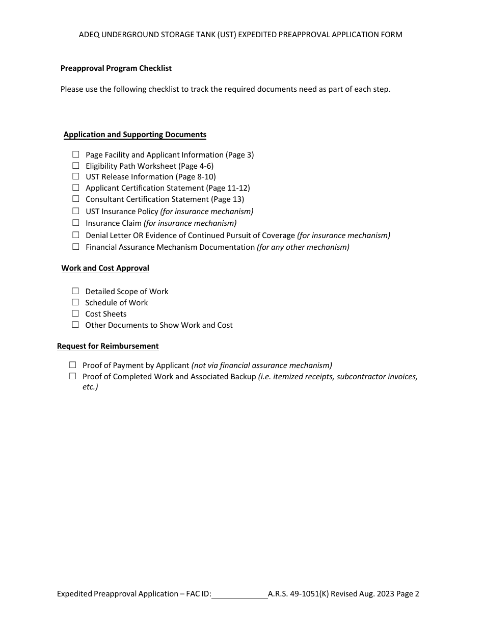 Ust Program Expedited Preapproval Application Under Arizona Revised Statutes (A.r.s.) 49-1051(K) - Arizona, Page 2