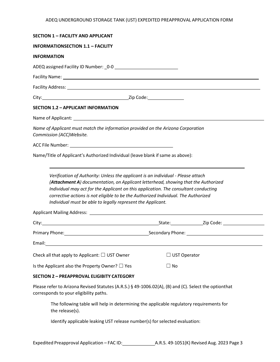 Ust Program Expedited Preapproval Application Under Arizona Revised Statutes (A.r.s.) 49-1051(K) - Arizona, Page 3