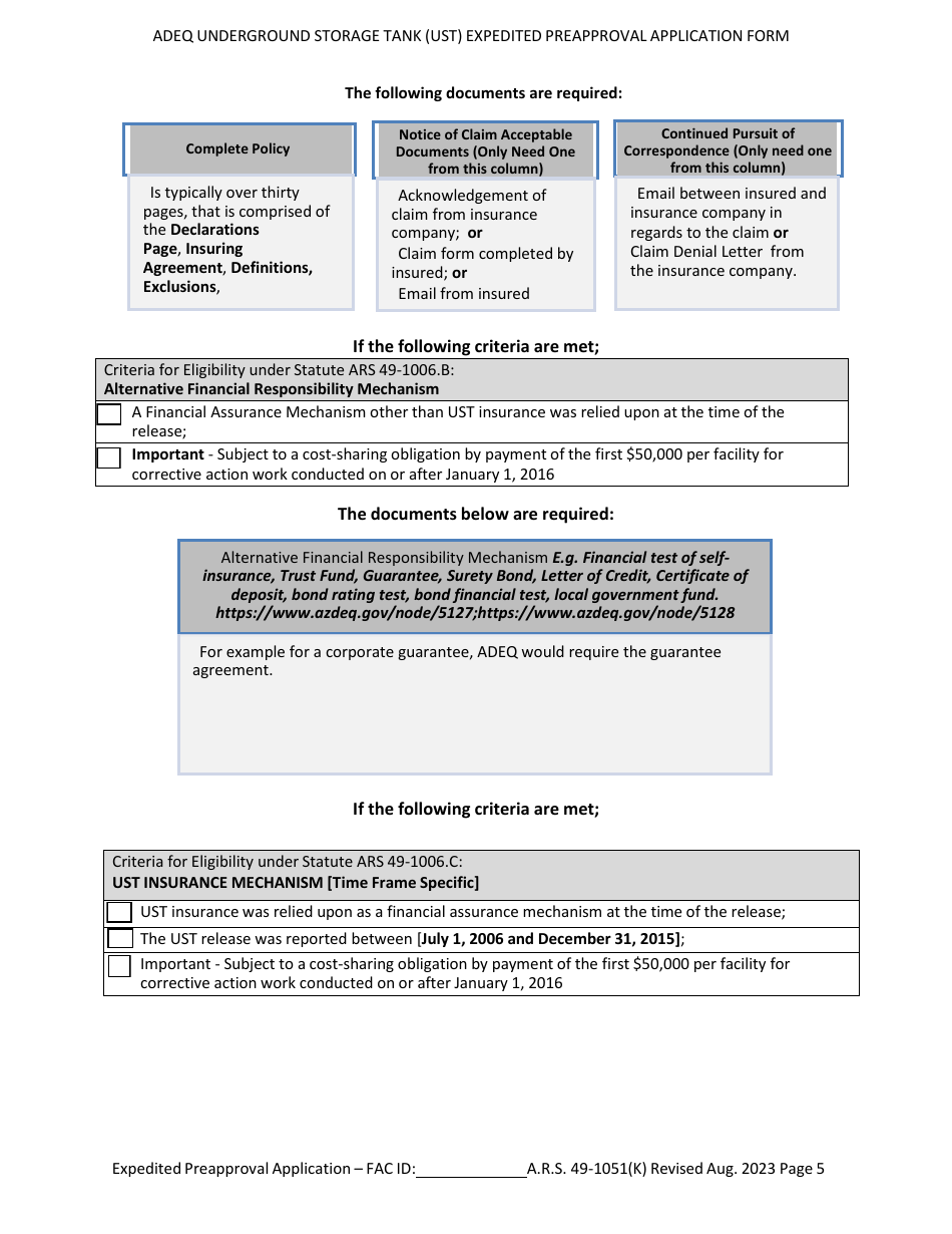 Ust Program Expedited Preapproval Application Under Arizona Revised Statutes (A.r.s.) 49-1051(K) - Arizona, Page 5