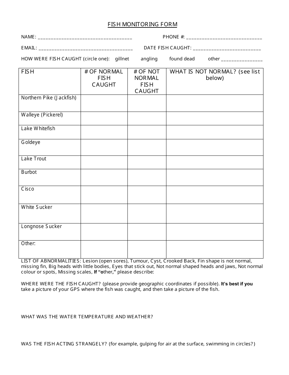 Fish Monitoring Form - Northwest Territories, Canada, Page 1
