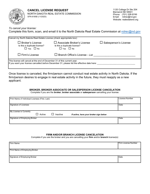 Form SFN61958 Cancel License Request - North Dakota