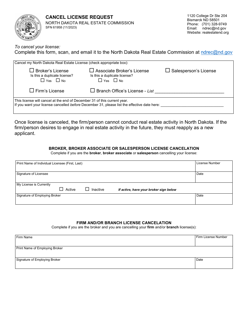 Form Sfn61958 Download Fillable Pdf Or Fill Online Cancel License Request North Dakota 2021 4221