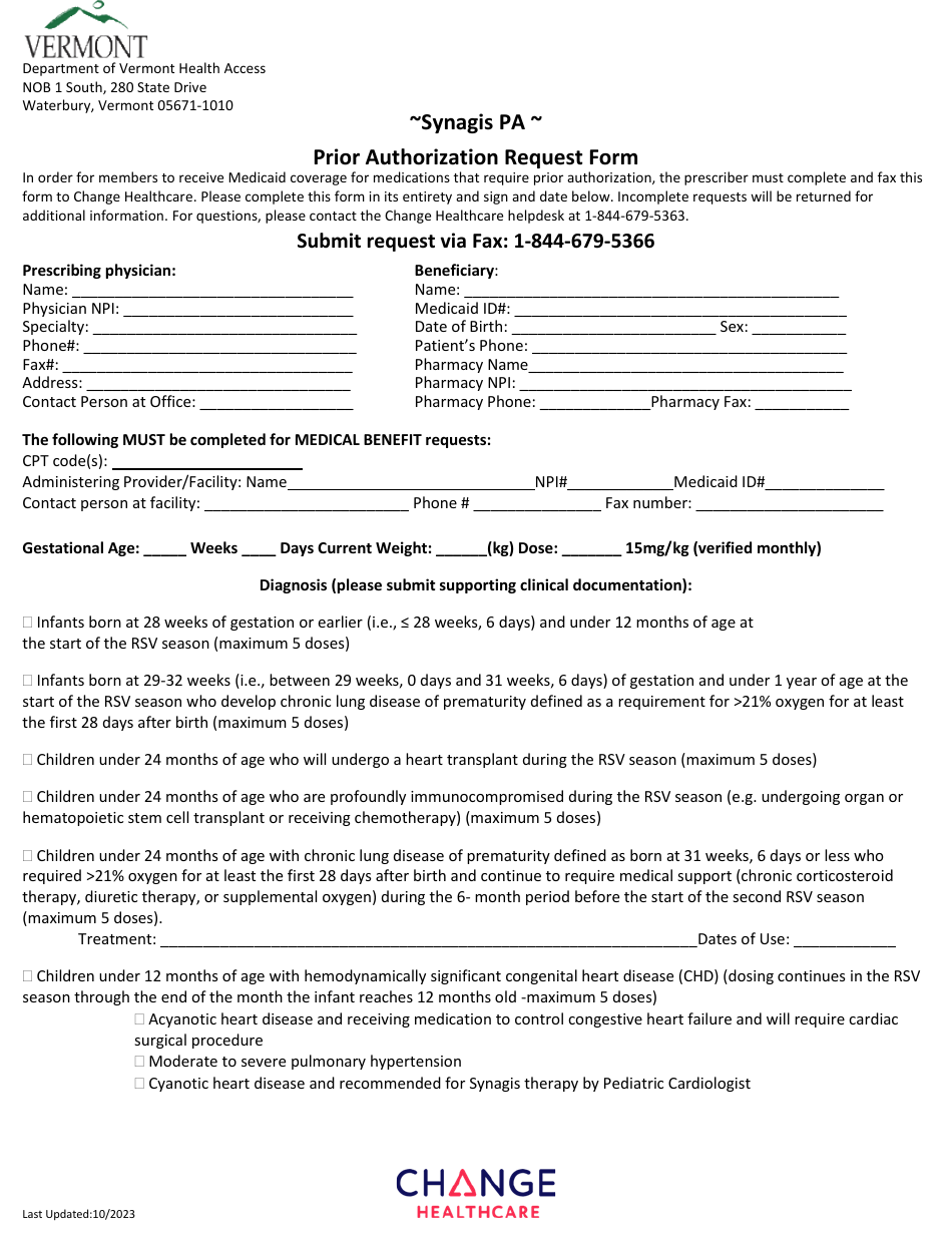 Synagis Pa Prior Authorization Request Form - Vermont, Page 1