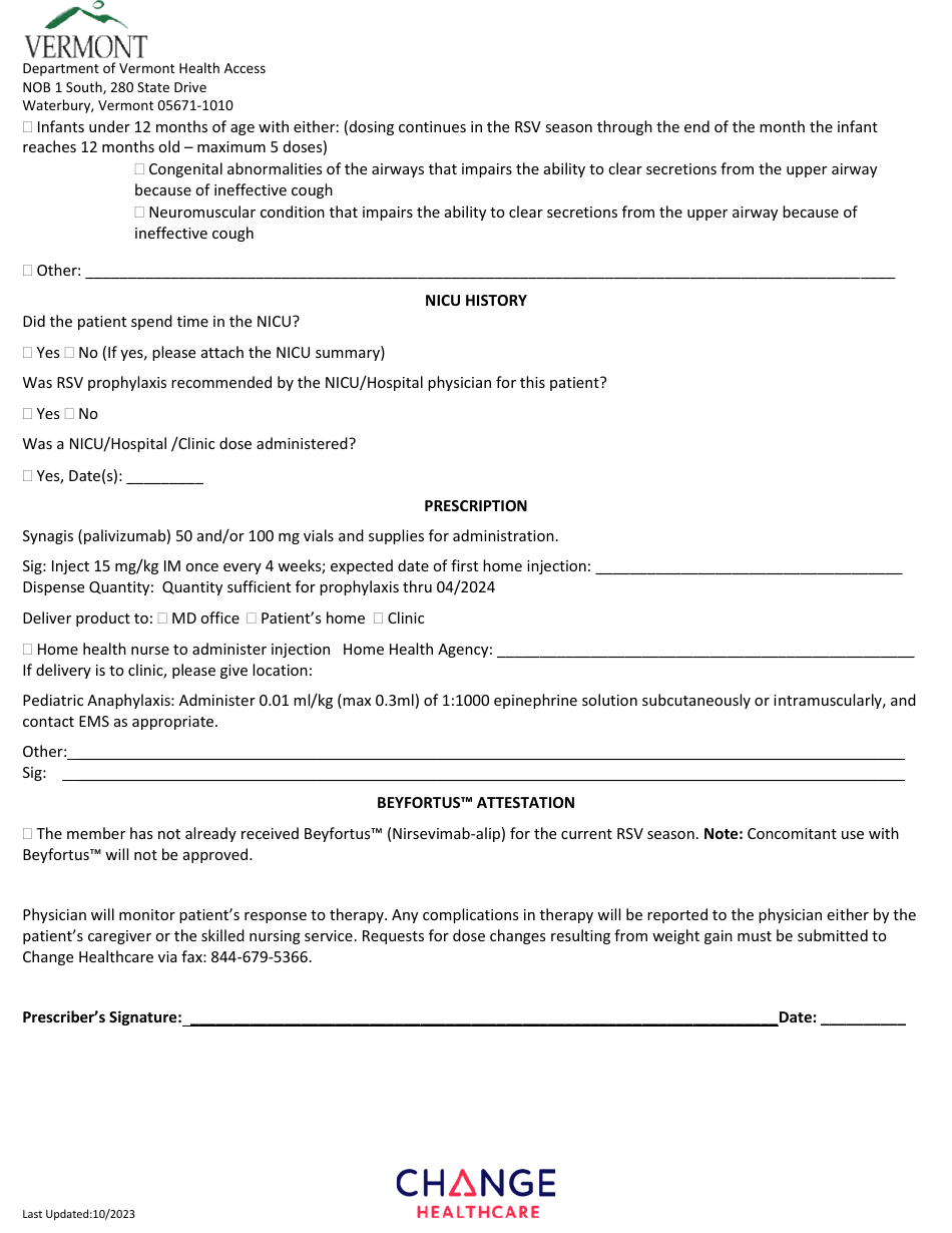 Synagis Pa Prior Authorization Request Form - Vermont, Page 2