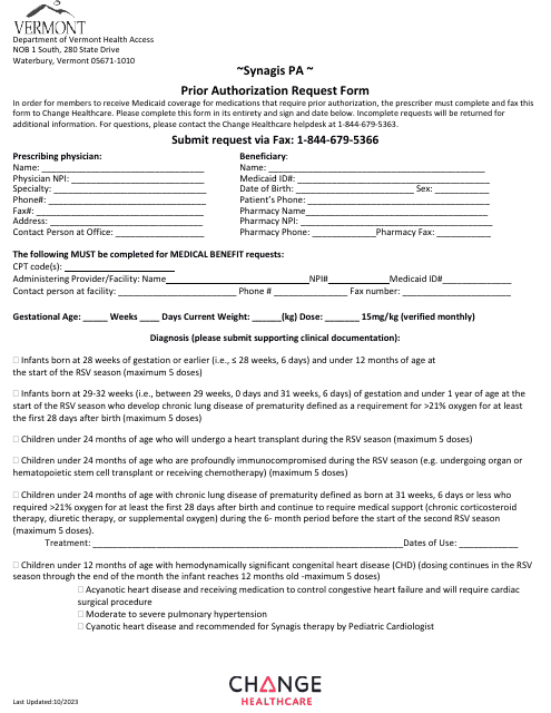 Synagis Pa Prior Authorization Request Form - Vermont Download Pdf
