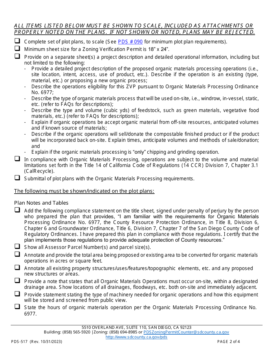 Form PDS-517 Zoning Verification Permit - Organic Materials Processing - County of San Diego, California, Page 2
