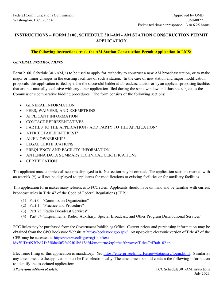 Download Instructions for FCC Form 2100 Schedule 301-AM Am Station ...