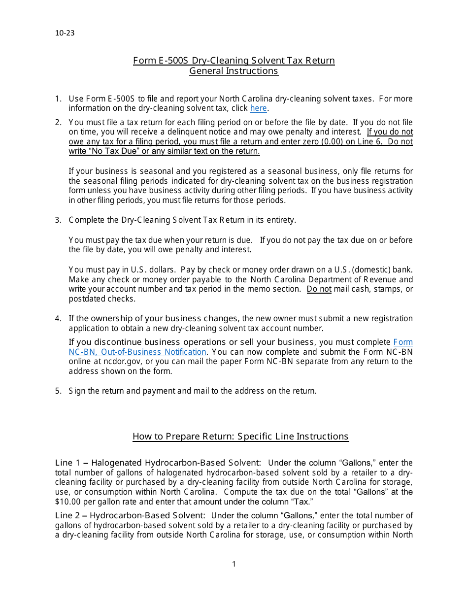 Instructions for Form E-500S Dry-Cleaning Solvent Tax Return - North Carolina, Page 1