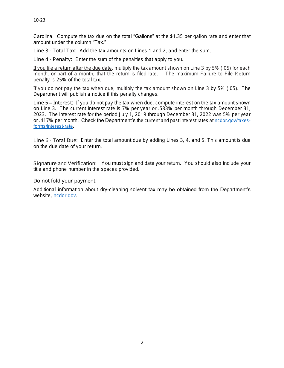 Instructions for Form E-500S Dry-Cleaning Solvent Tax Return - North Carolina, Page 2