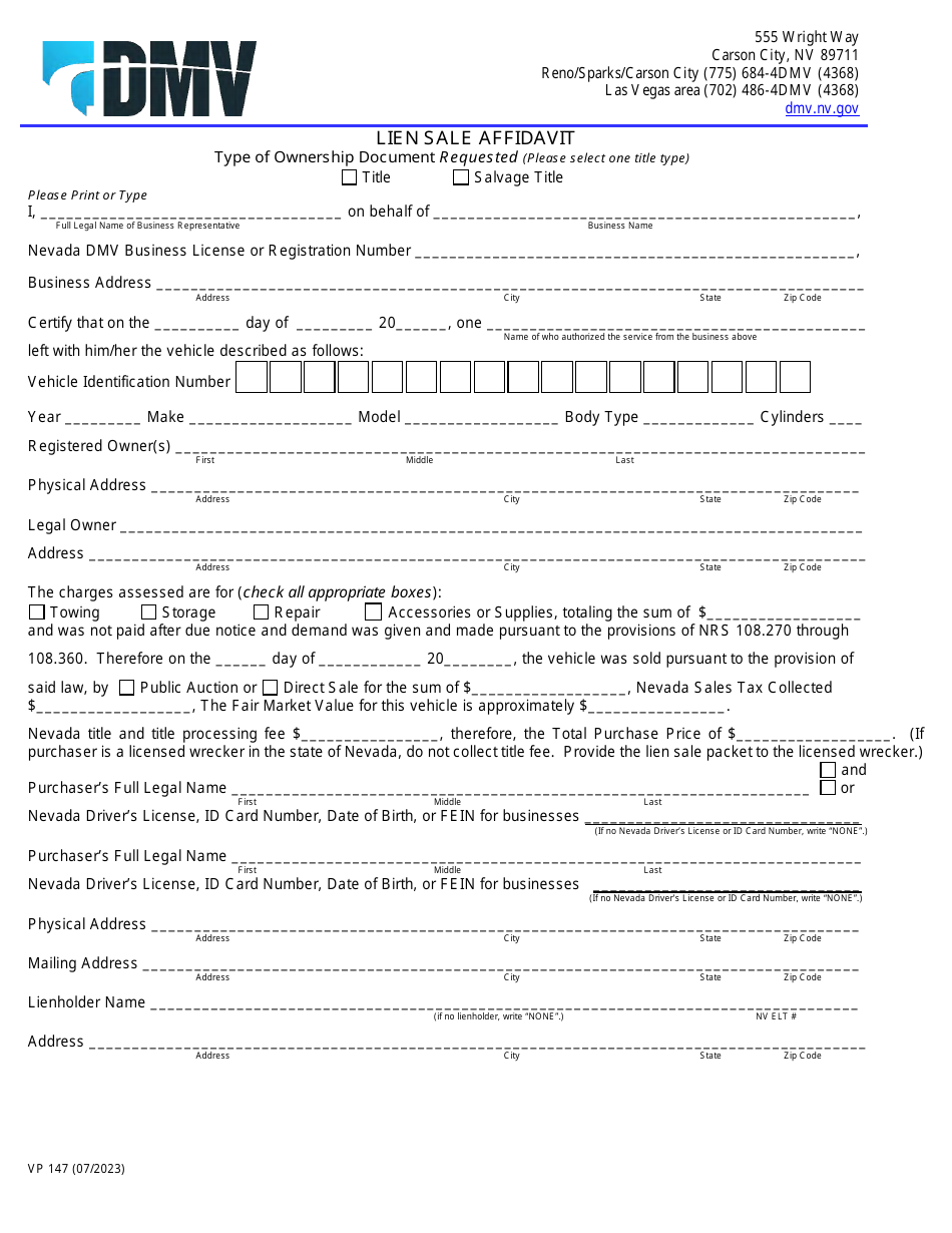 Form VP147 Lien Sale Affidavit - Nevada, Page 1