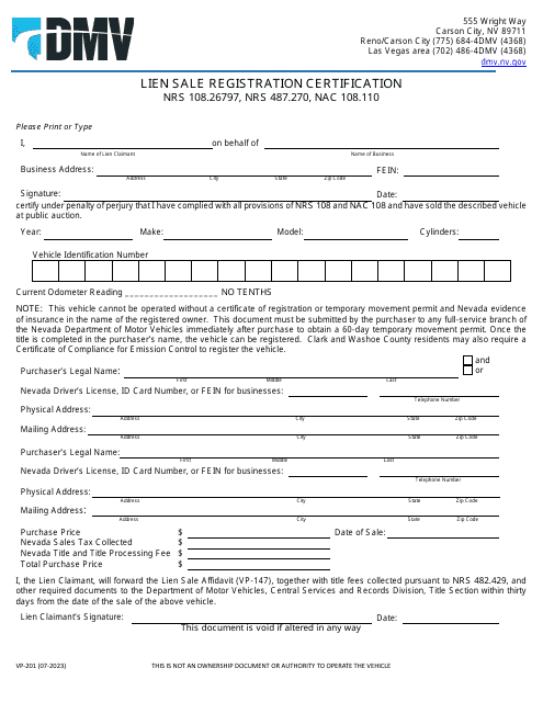 Form VP-201 Lien Sale Registration Certification - Nevada