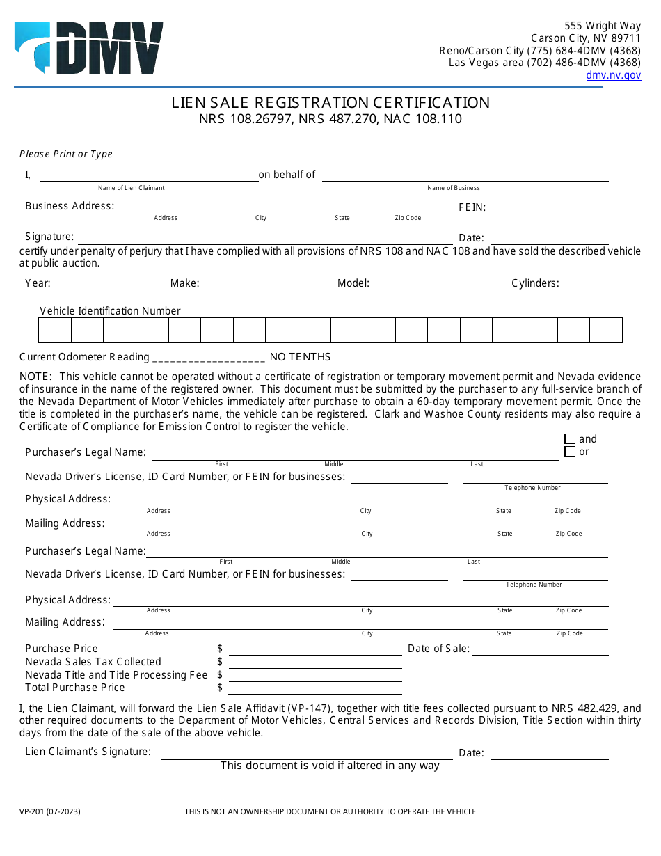 Form VP-201 Download Fillable PDF or Fill Online Lien Sale Registration ...