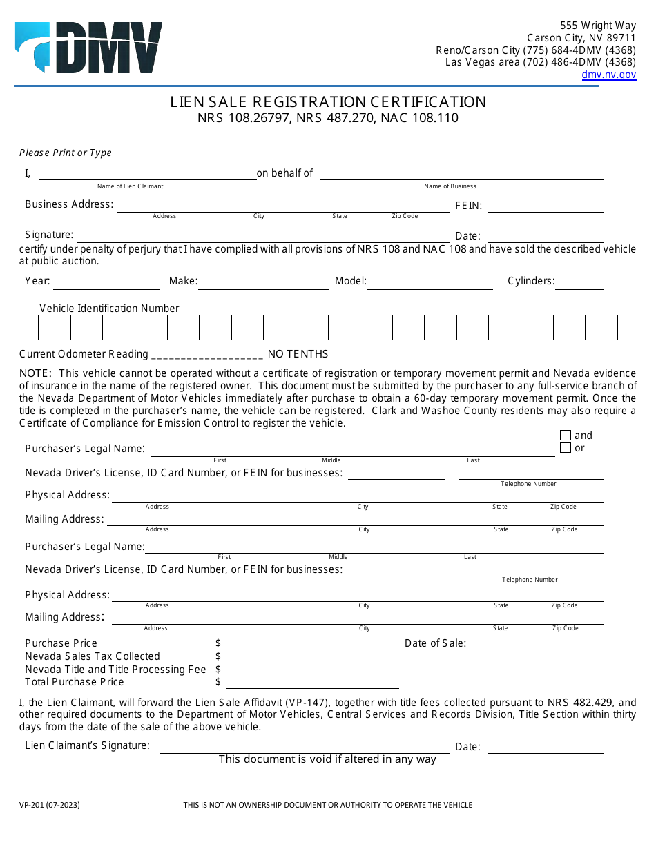 Form VP-201 Lien Sale Registration Certification - Nevada, Page 1