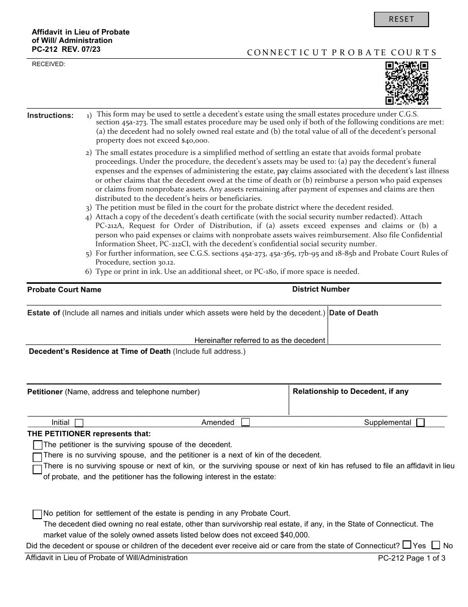 Form PC-212 Affidavit in Lieu of Probate of Will / Administration - Connecticut, Page 1