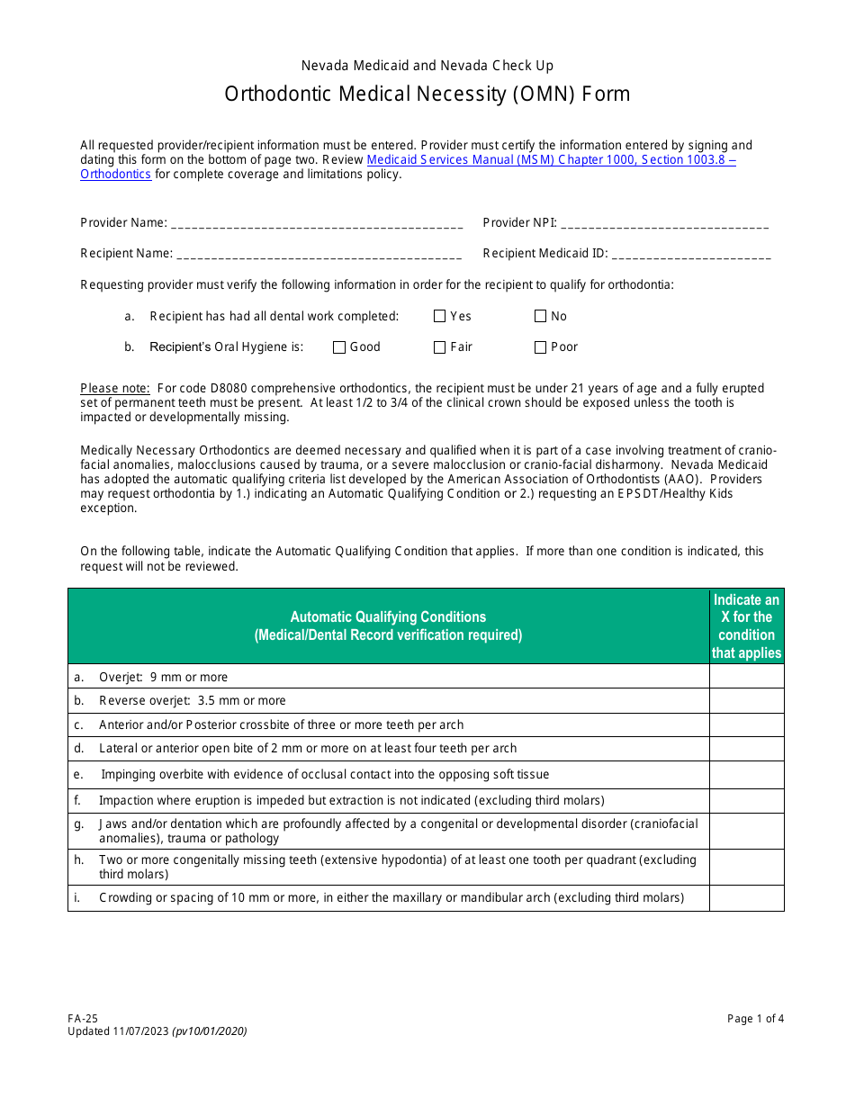 Form FA25 Download Fillable PDF or Fill Online Orthodontic Medical