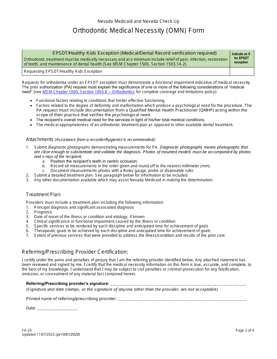 Form FA-25 Orthodontic Medical Necessity (Omn) Form - Nevada, Page 2