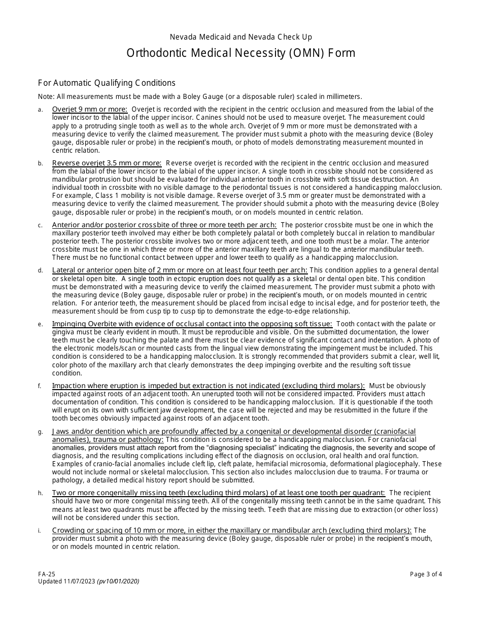 Form FA-25 Orthodontic Medical Necessity (Omn) Form - Nevada, Page 3