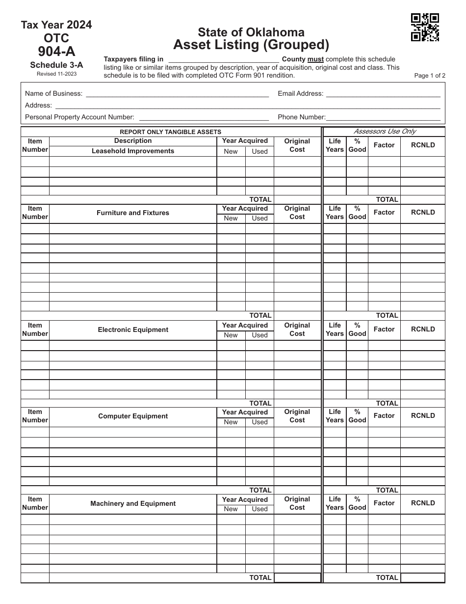 OTC Form 904A Schedule 3A Download Fillable PDF or Fill Online Asset