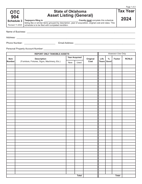 Form OTC904 Schedule 3 Asset Listing (General) - Oklahoma, 2024