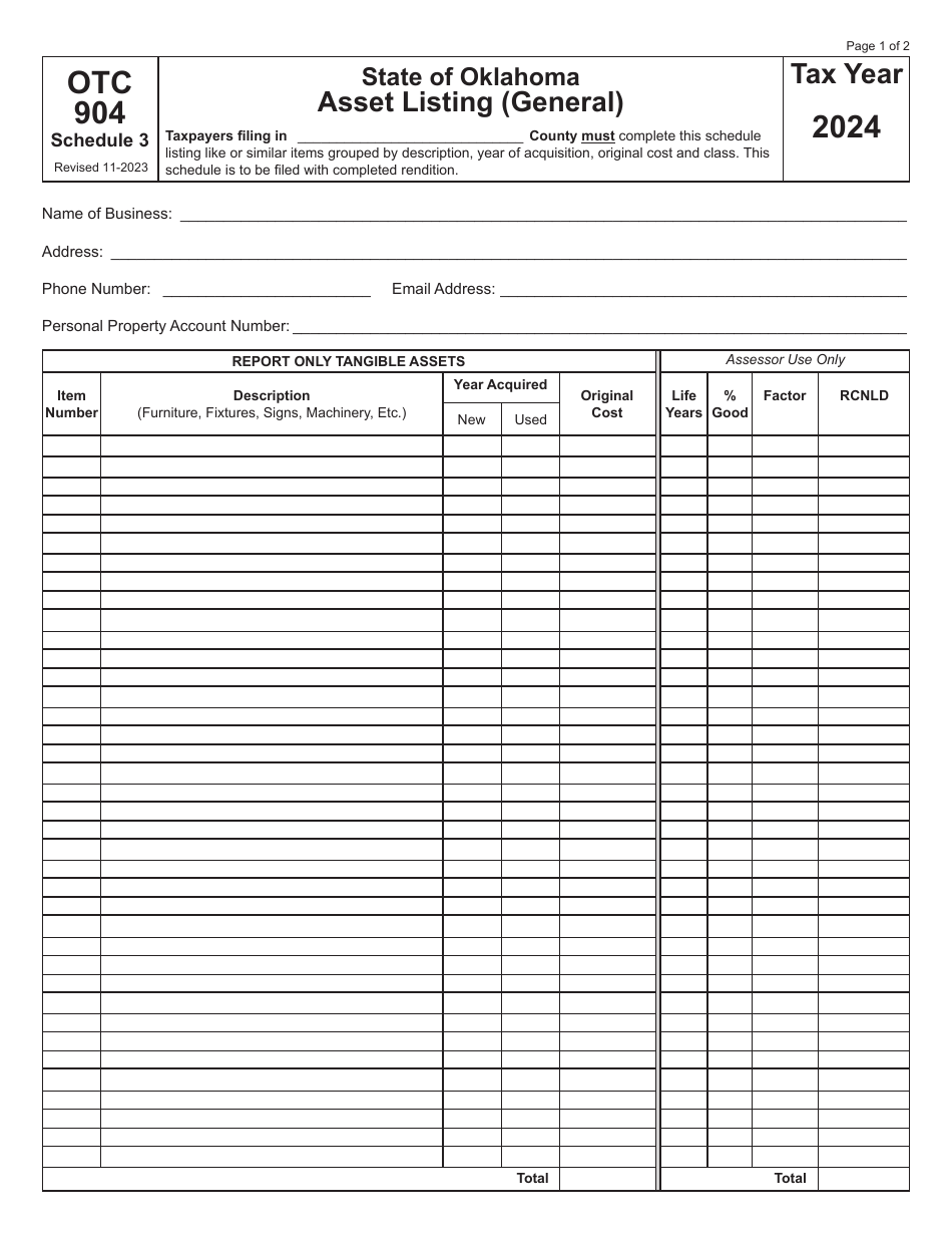 Form OTC904 Schedule 3 Asset Listing (General) - Oklahoma, Page 1