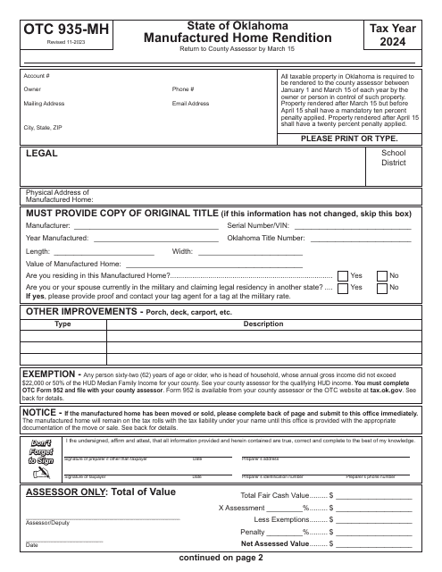 OTC Form 935-MH Manufactured Home Rendition - Oklahoma, 2024