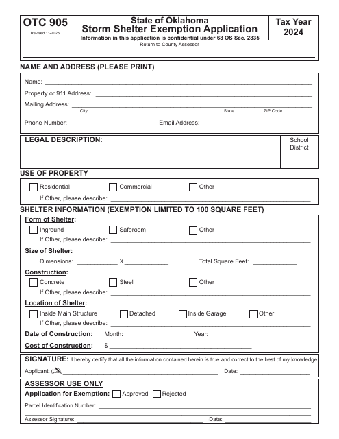 Form OTC905 Storm Shelter Exemption Application - Oklahoma, 2024