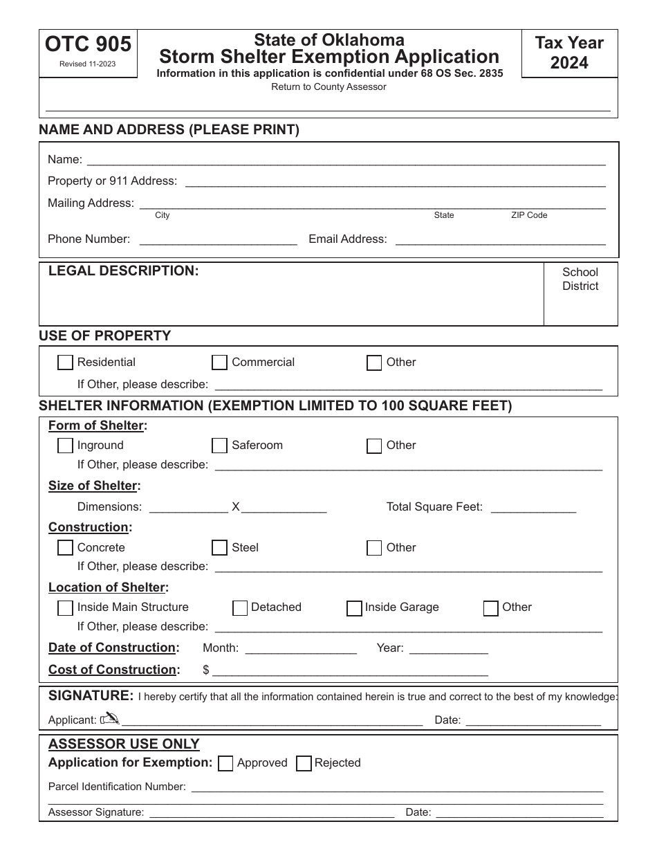 Form OTC905 Storm Shelter Exemption Application - Oklahoma, Page 1