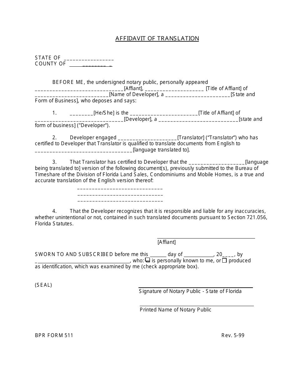 BPR Form 511 Affidavit of Translation - Florida, Page 1