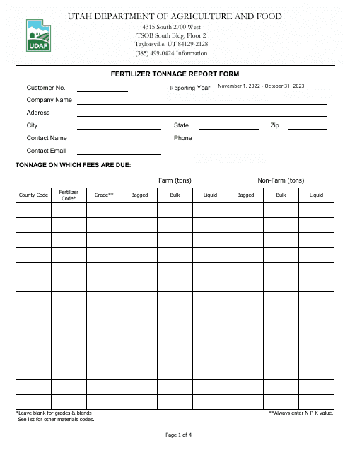 Fertilizer Tonnage Report Form - Utah, 2023