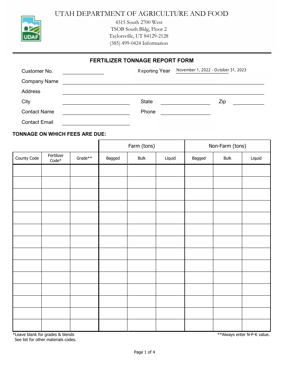 Fertilizer Tonnage Report Form - Utah, Page 1