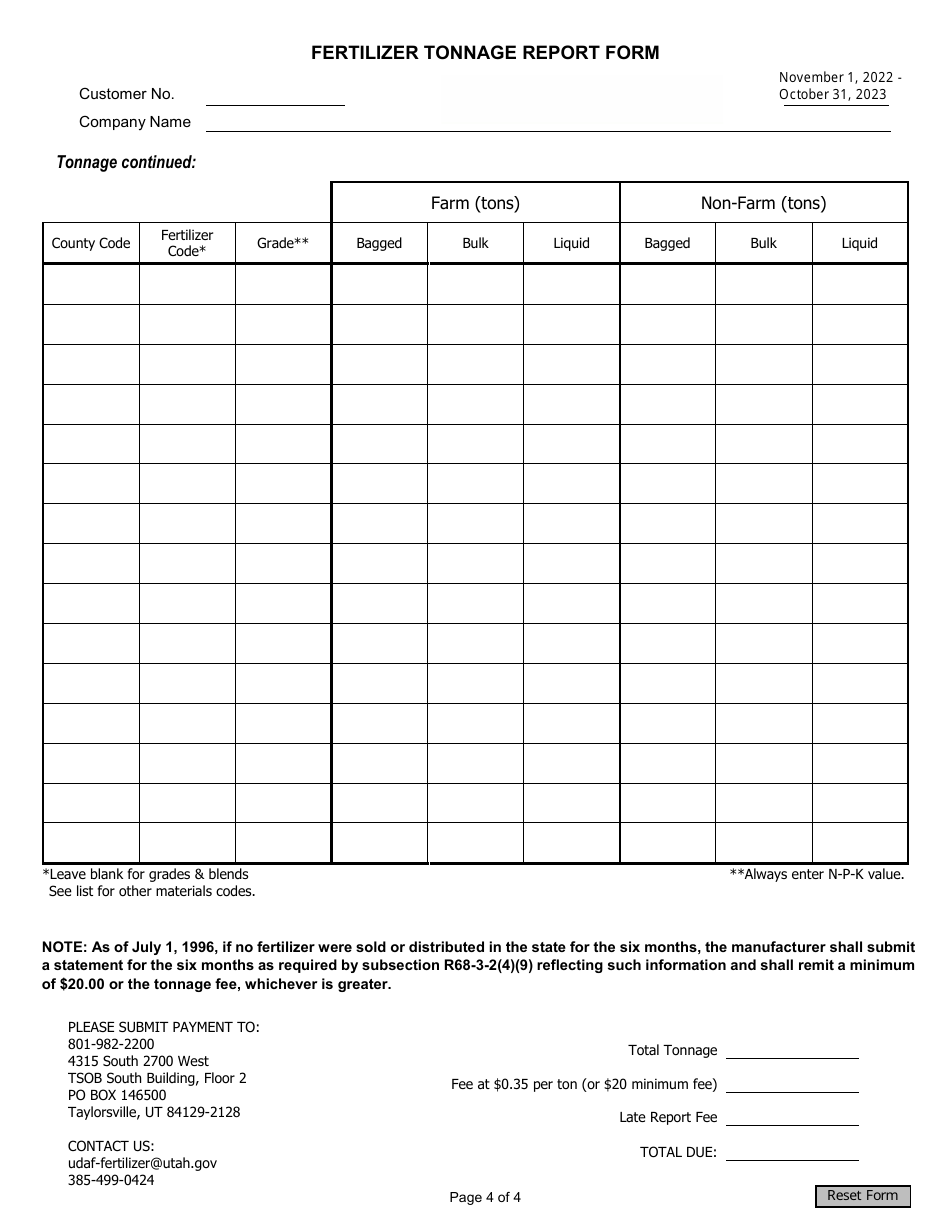 Fertilizer Tonnage Report Form - Utah, Page 4
