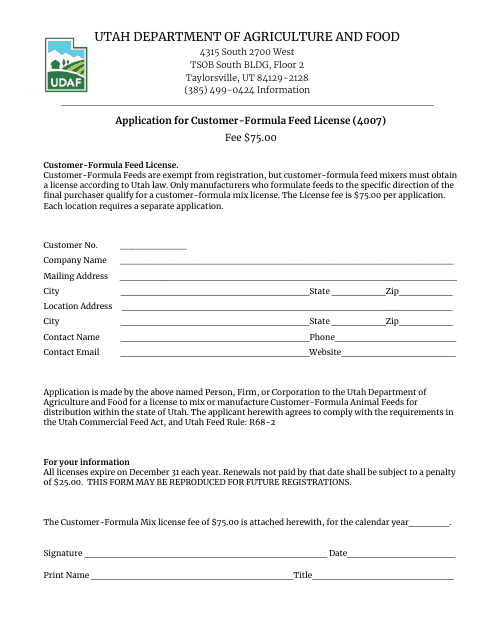 Form 4007 Application for Customer-Formula Feed License - Utah