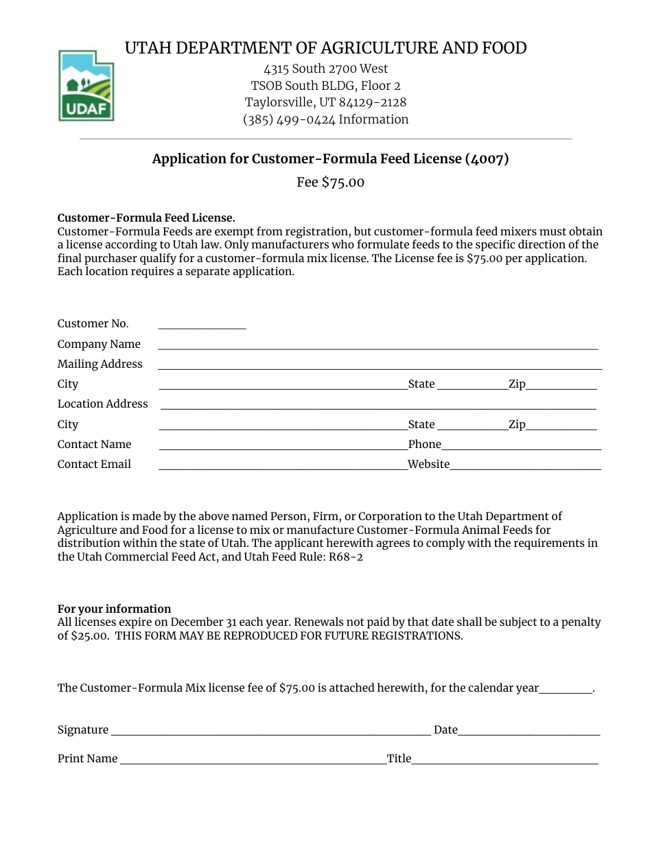 Form 4007 Application for Customer-Formula Feed License - Utah, Page 1