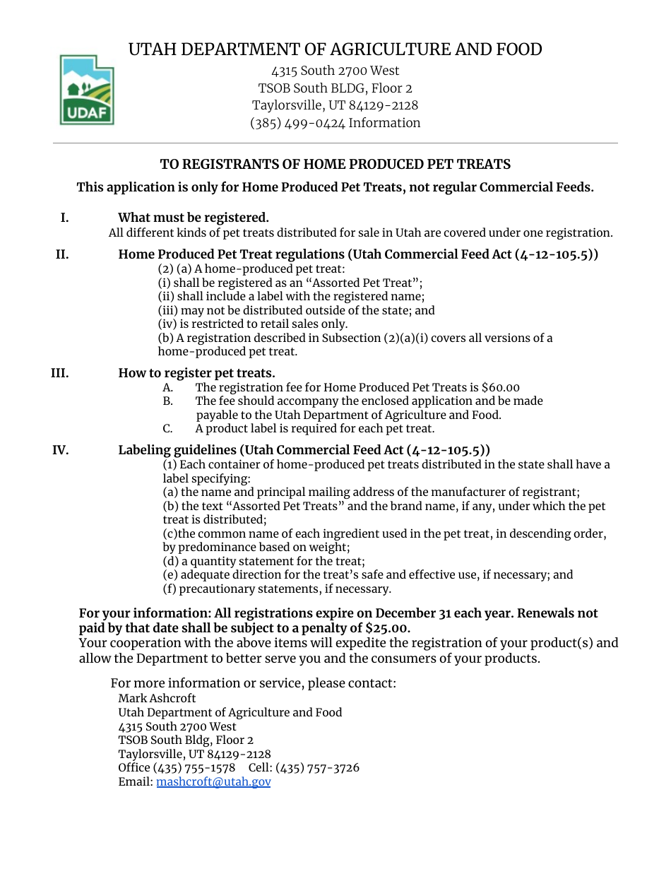 Application for Home Produced Pet Treat Registration - Utah, Page 1