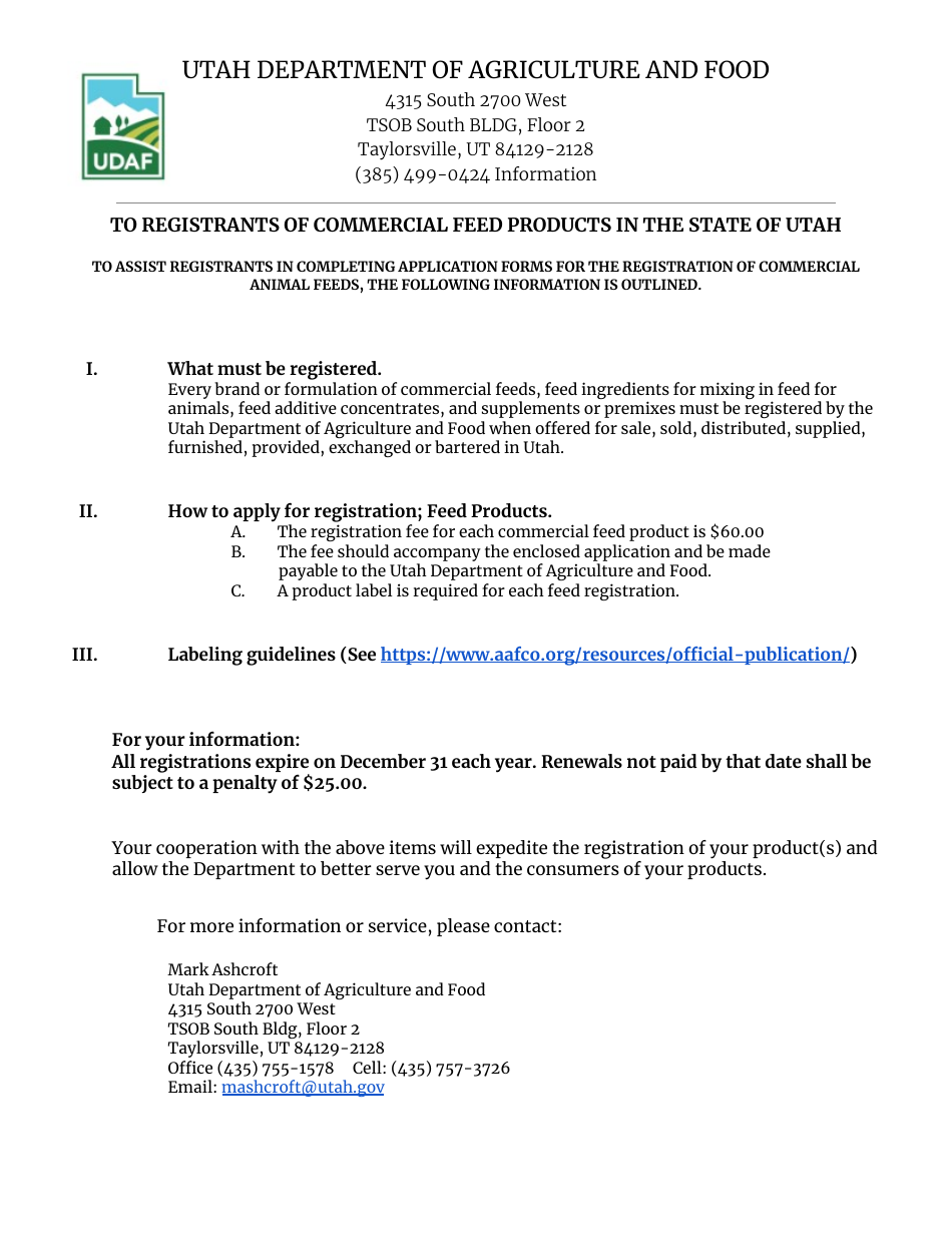 Application for Registration - Commercial Feed - Utah, Page 1