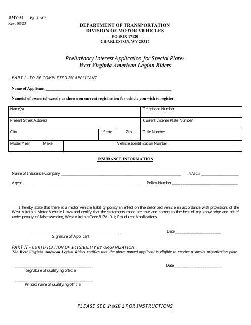 Form DMV-54-PIA-ALR Preliminary Interest Application for Special Plate: West Virginia American Legion Riders - West Virginia