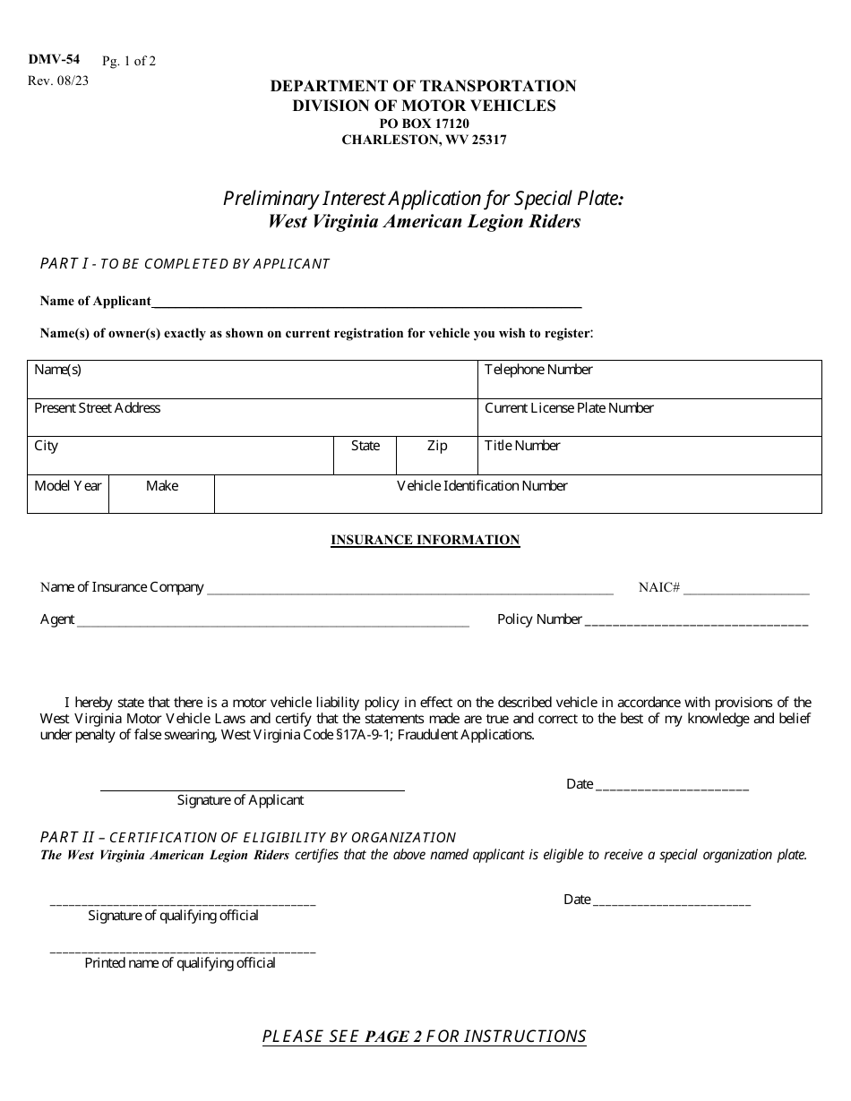 Form DMV-54-PIA-ALR Preliminary Interest Application for Special Plate: West Virginia American Legion Riders - West Virginia, Page 1